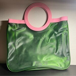 Vintage Clinique Green Vinyl with Round Pink Handle Tote Women's Bag 12x13